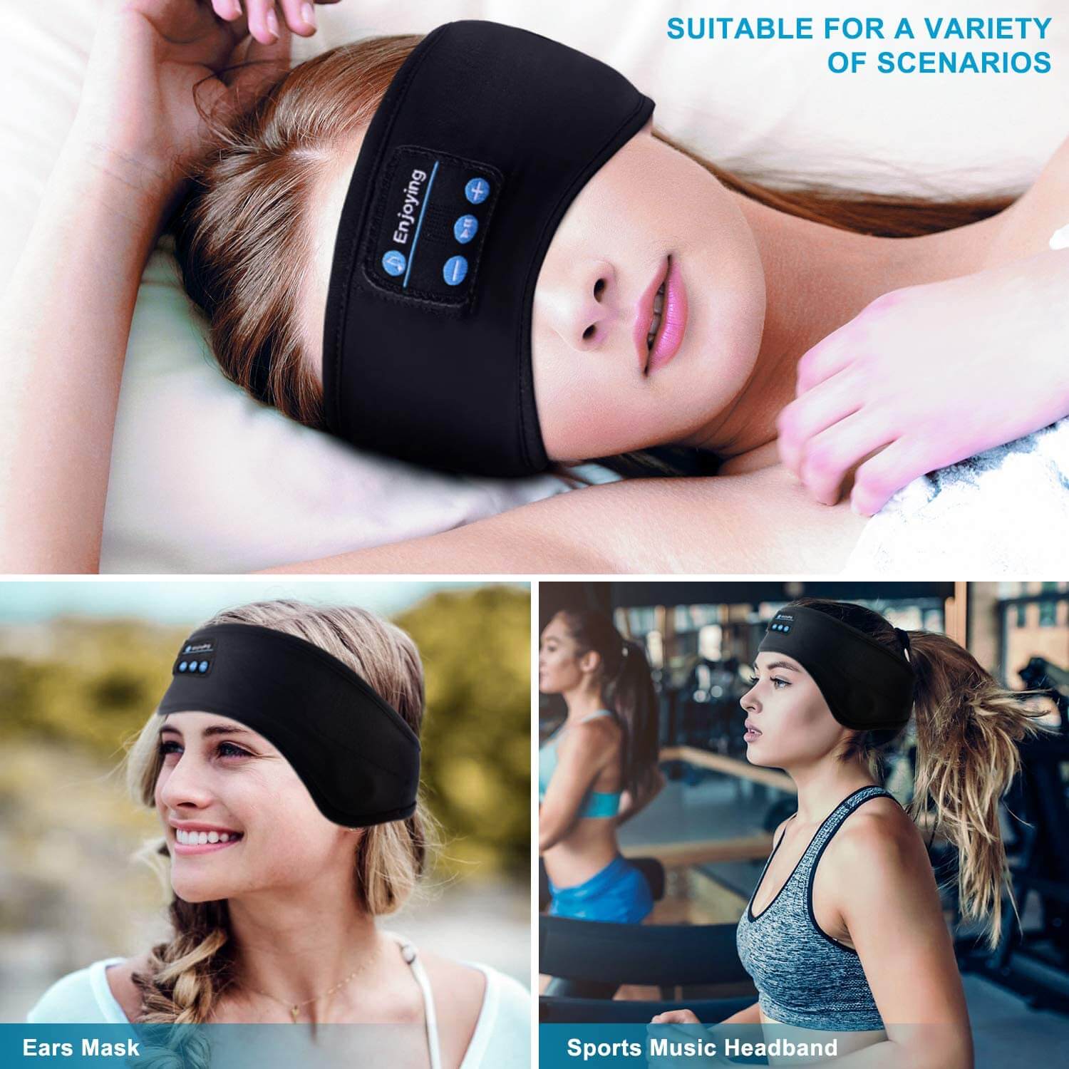 Nærbilde av det myke, elastiske stoffet på det trådløse Bluetooth hodebåndet, komfortabelt for alle.