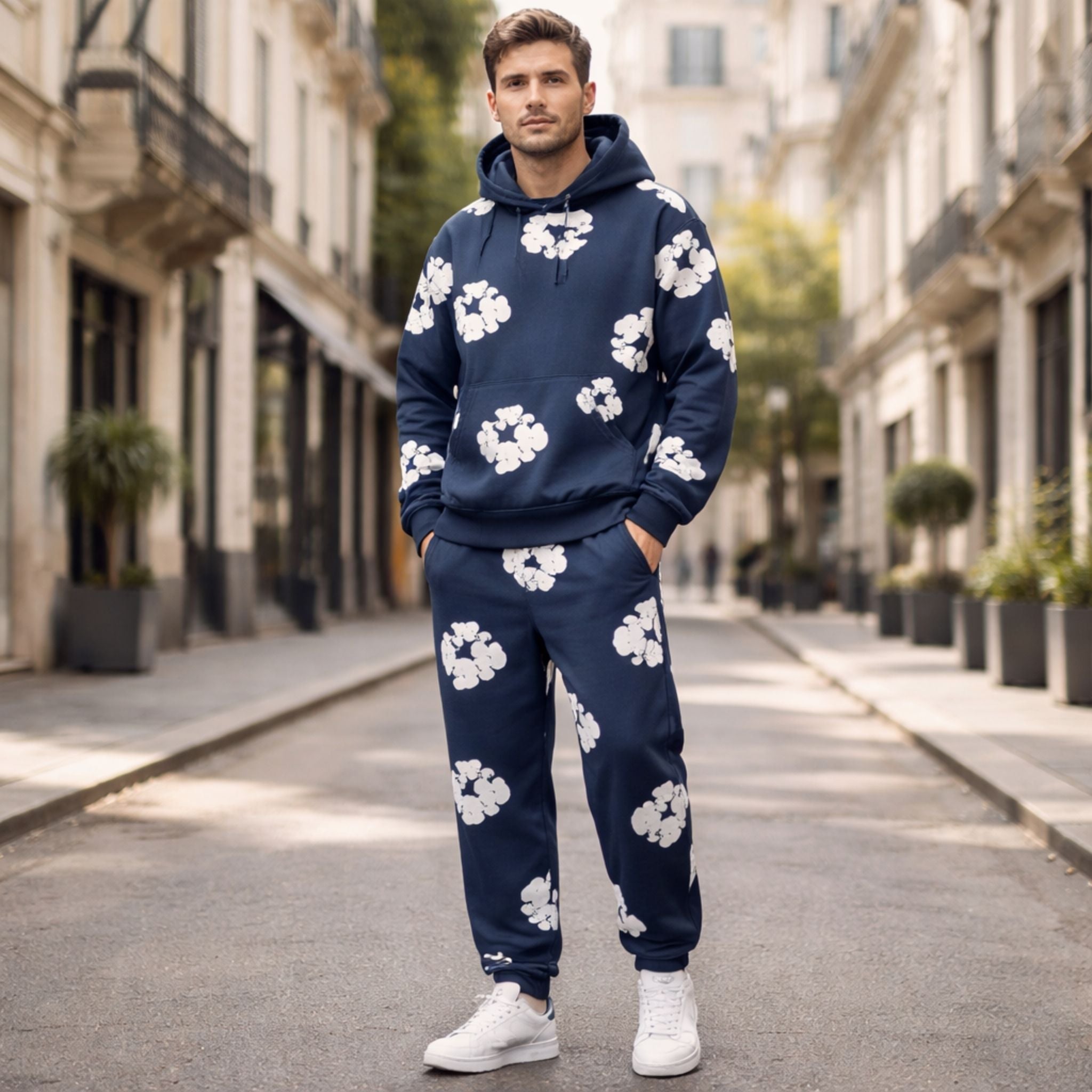 Unisex treningsdress som allsidig fritidsantrekk eller komfortklær for høsten. Sporty stil med hettegenser og bukse.