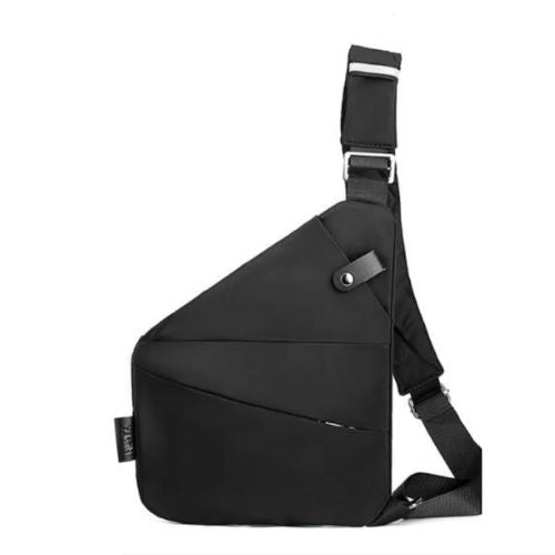 Nærbilde av det slitesterke, vannavstøtende materialet på den kompakte unisex skuldervesken.