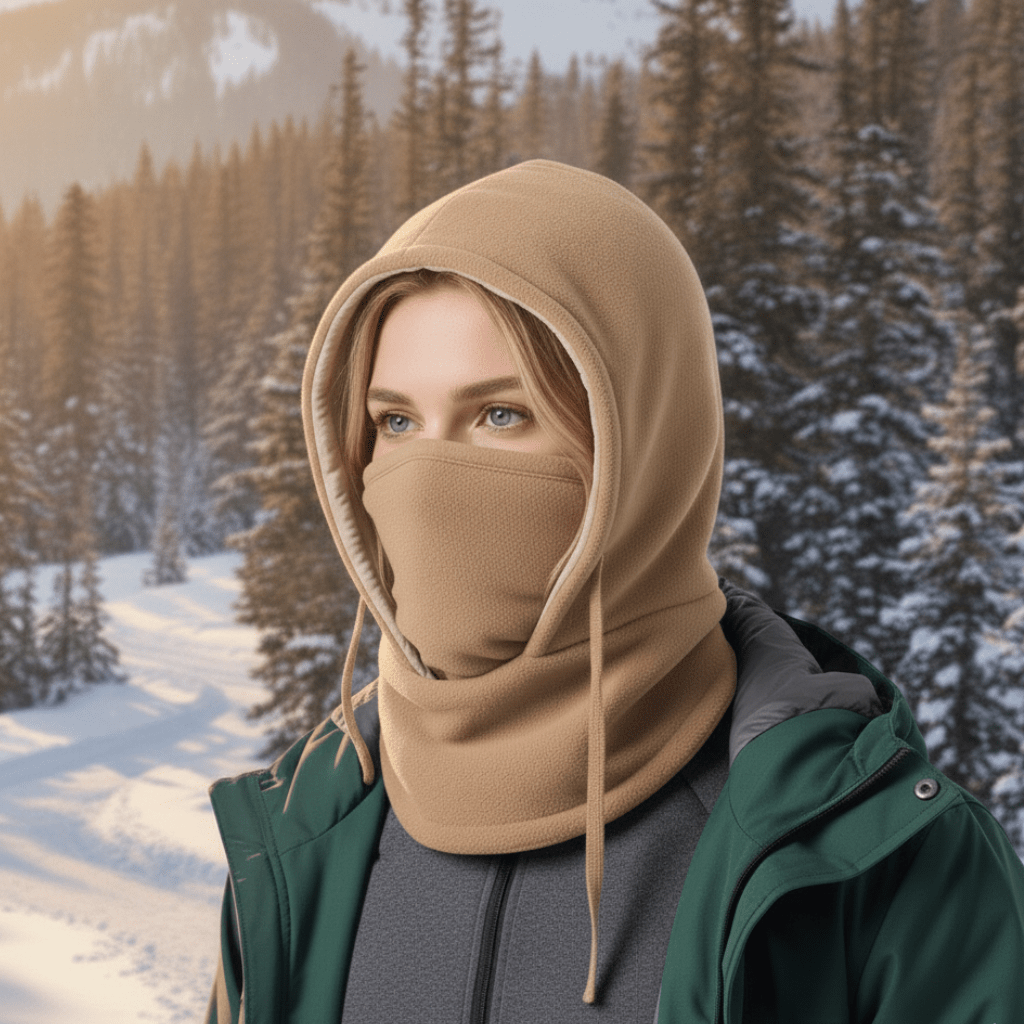 Nærbilde av varm unisex lue. Vindtett hodeplagg i fleece, perfekt som skilue i snø og kulde.