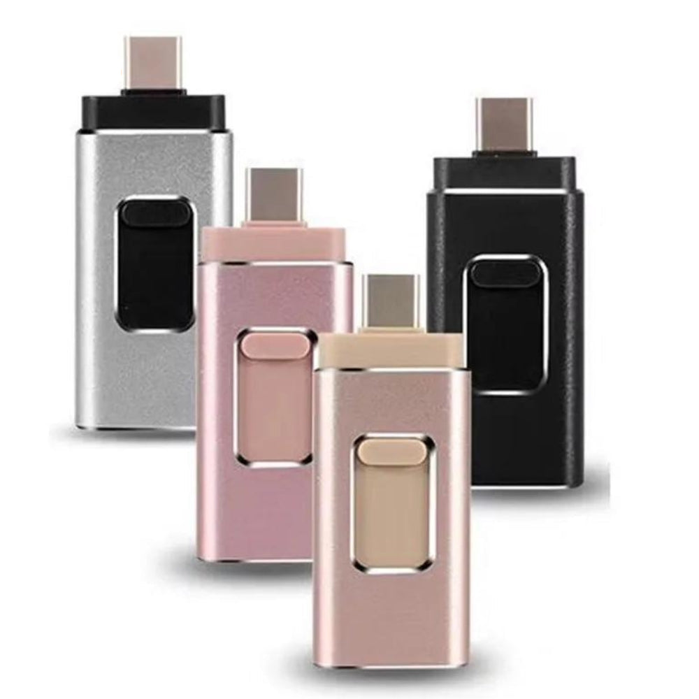 Universal 4-i-1 flashdrive i metall for rask dataoverføring mellom iOS, Android og PC; sikker mobillagring.