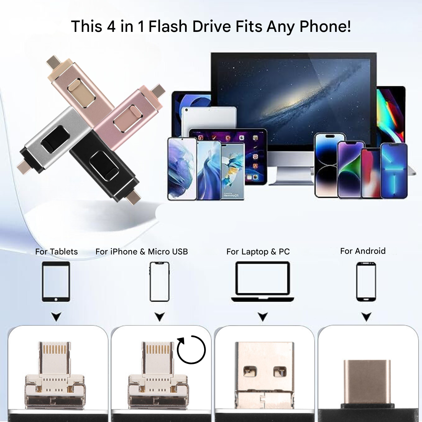 Kompakt universell flashdrive i metall; rask dataoverføring og sikker lagring for iOS, Android og PC.