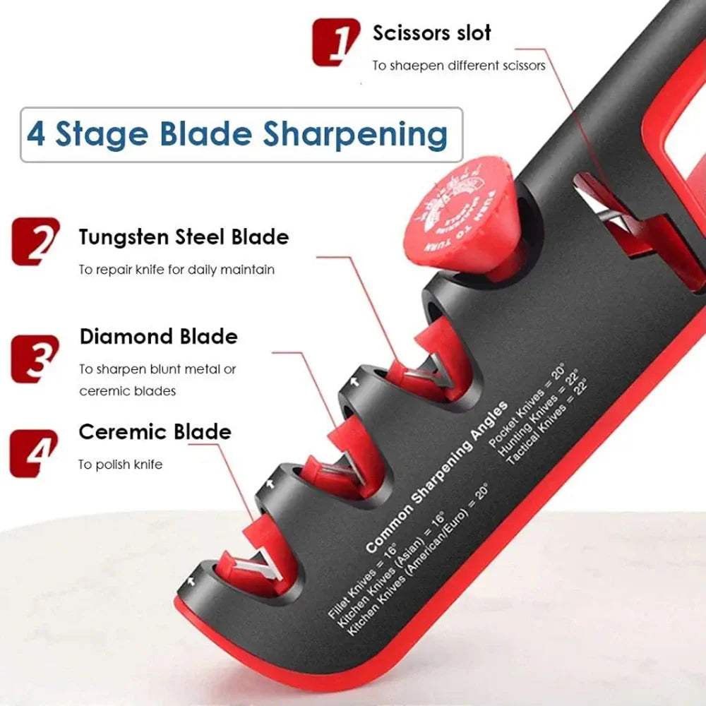 Hånd bruker ergonomisk 4-i-1 knivsliper til å slipe en kjøkkenkniv for matlaging.