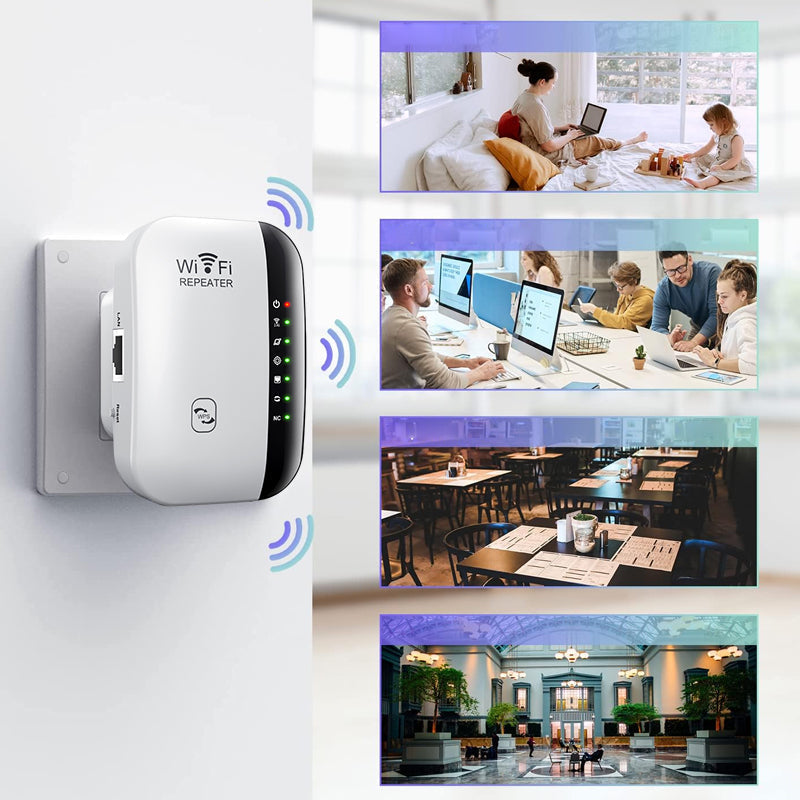 Universell WiFi repeater med enkelt oppsett. Utvider trådløst nettverk for alle dine enheter.