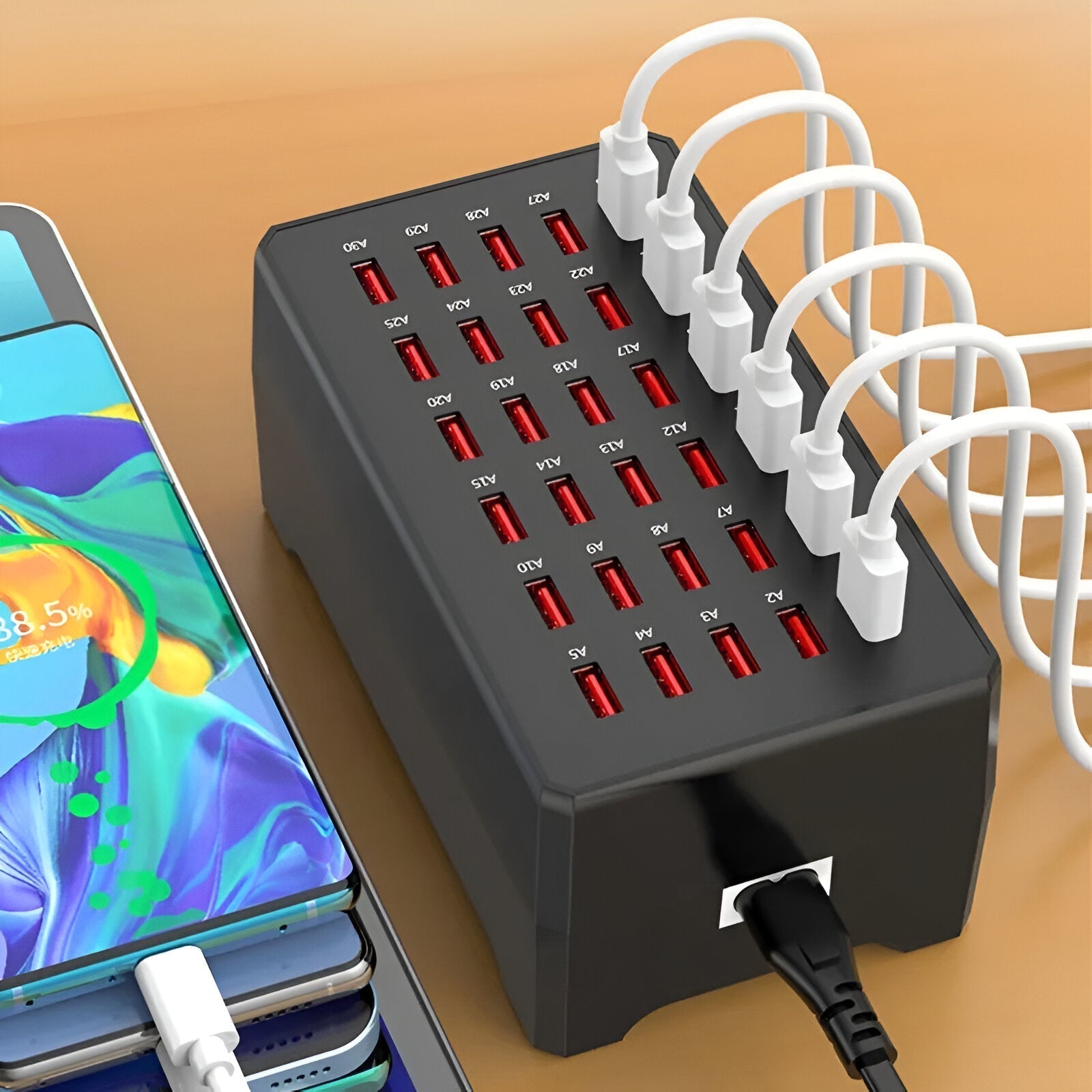 Smart-IC 30-porters USB-lader i svart, sikker hurtiglading for diverse enheter