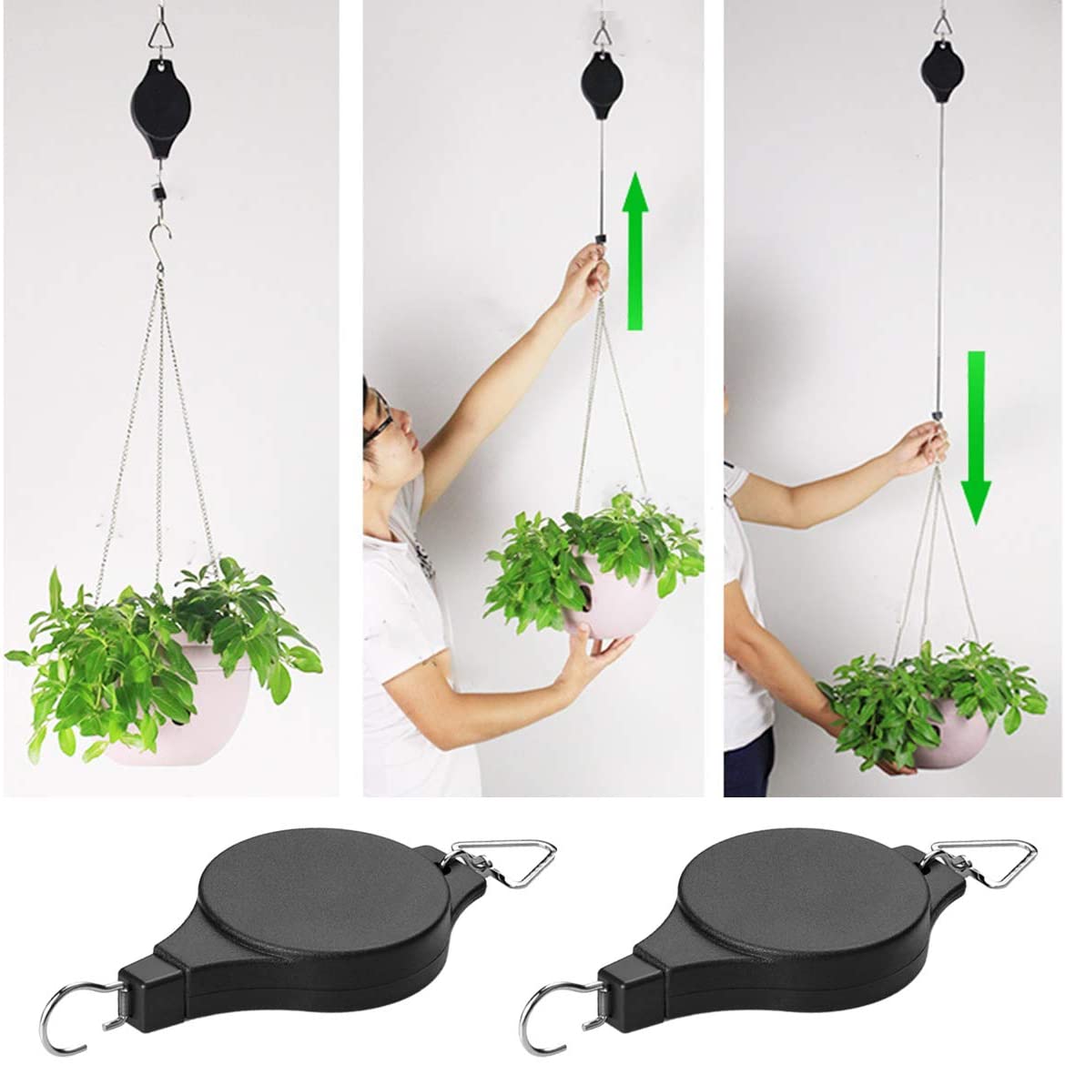 Uanstrengt stell av hengeplanter og urter med uttrekkbar plantehjul. Ideelt for blomsterkurver på verandaen.