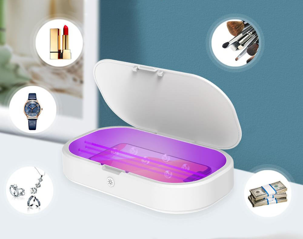 Elegant, hvit UV-sterilisator for mobiltelefon, klokker og smykker. Med innebygd trådløs QI-lading.
