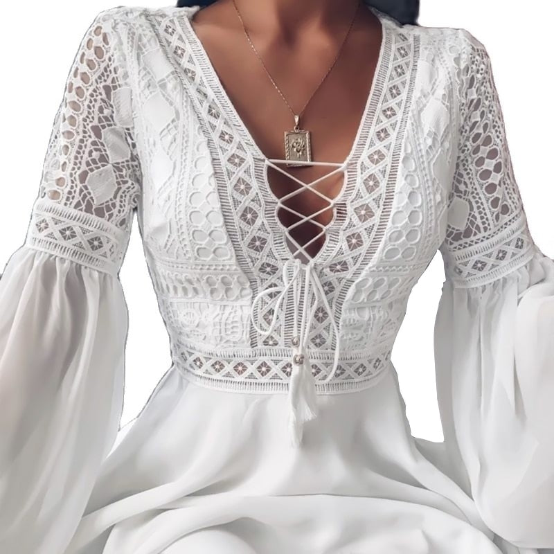 Dame sommerkjole med blonder og V-hals, stilig Boho minikjole i chiffon for fritid
