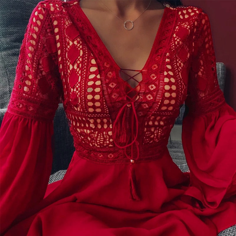 Elegant dame Boho blondekjole, chiffon minikjole med V-hals, perfekt for sommeren