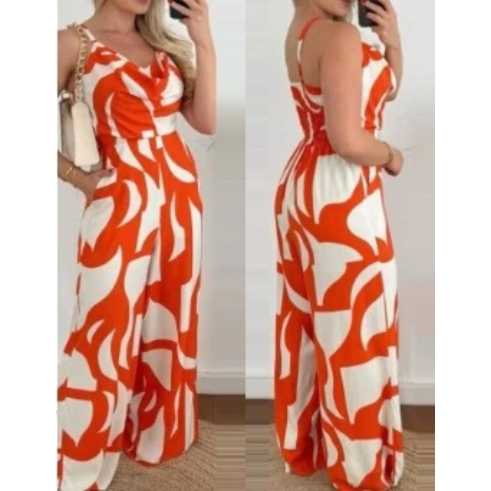 Feminin jumpsuit for kvinner med V-hals, åpen rygg og komfortable vide ben. Perfekt for fest og stil.