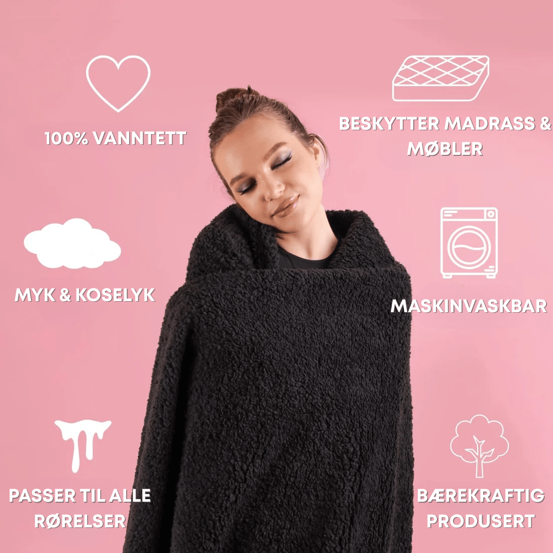 Koseteppe med vanntett membran, designet for å beskytte sengen og møbler. Komfortabelt og praktisk.