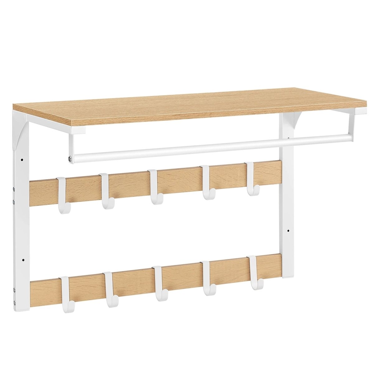 Plassbesparende veggmontert klesstativ med hylle og kroker. Organiser entréen effektivt med stil.