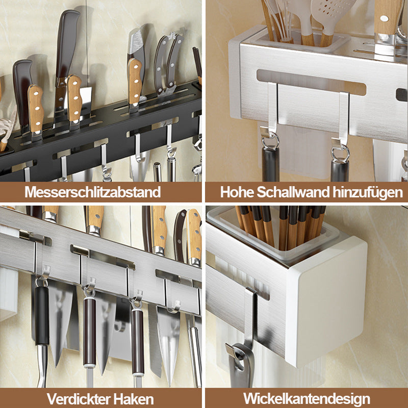 Ryddig kjøkken med veggmontert knivholder. Elegant løsning for plassbesparende og trygg oppbevaring av kniver.