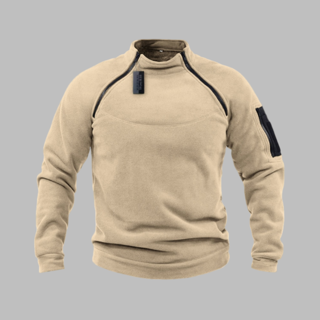 Ryggside av vindtett herregenser i fleece. Robust og varmt yttertøy perfekt for vinter og utendørsaktiviteter.