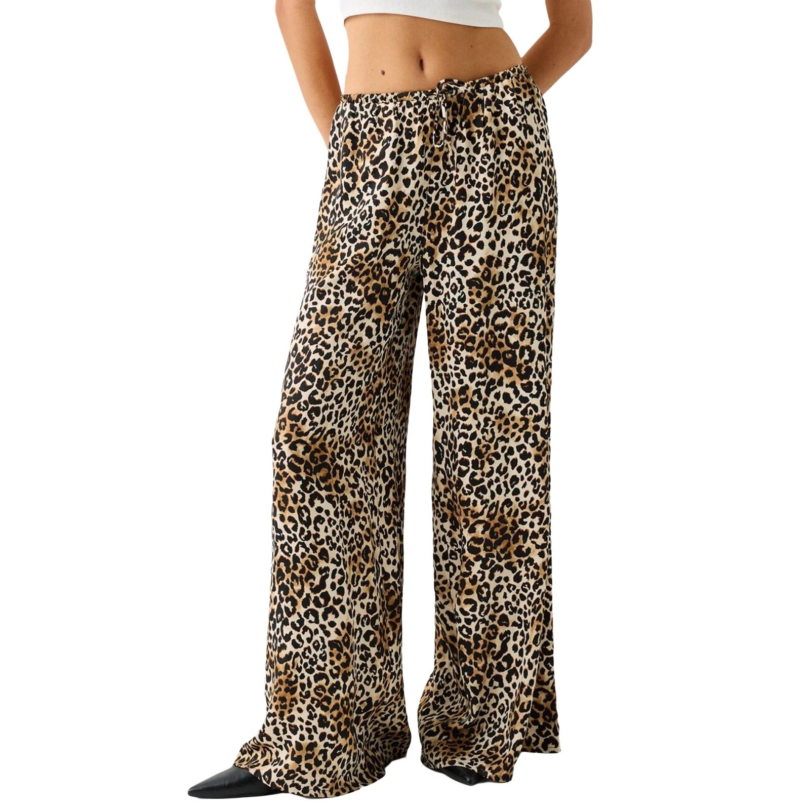 Vintage leopardmønstrede damebukser med vide ben, høy midje og komfortabel passform for hverdagsstil.