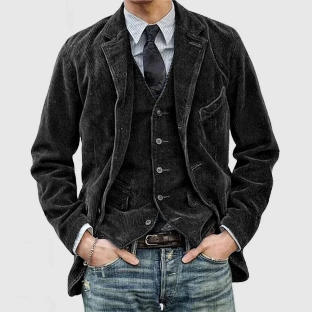 Nærbilde av detaljer på vintage unisex blazer og vest sett. Viser kvalitet og skreddersydd håndverk.