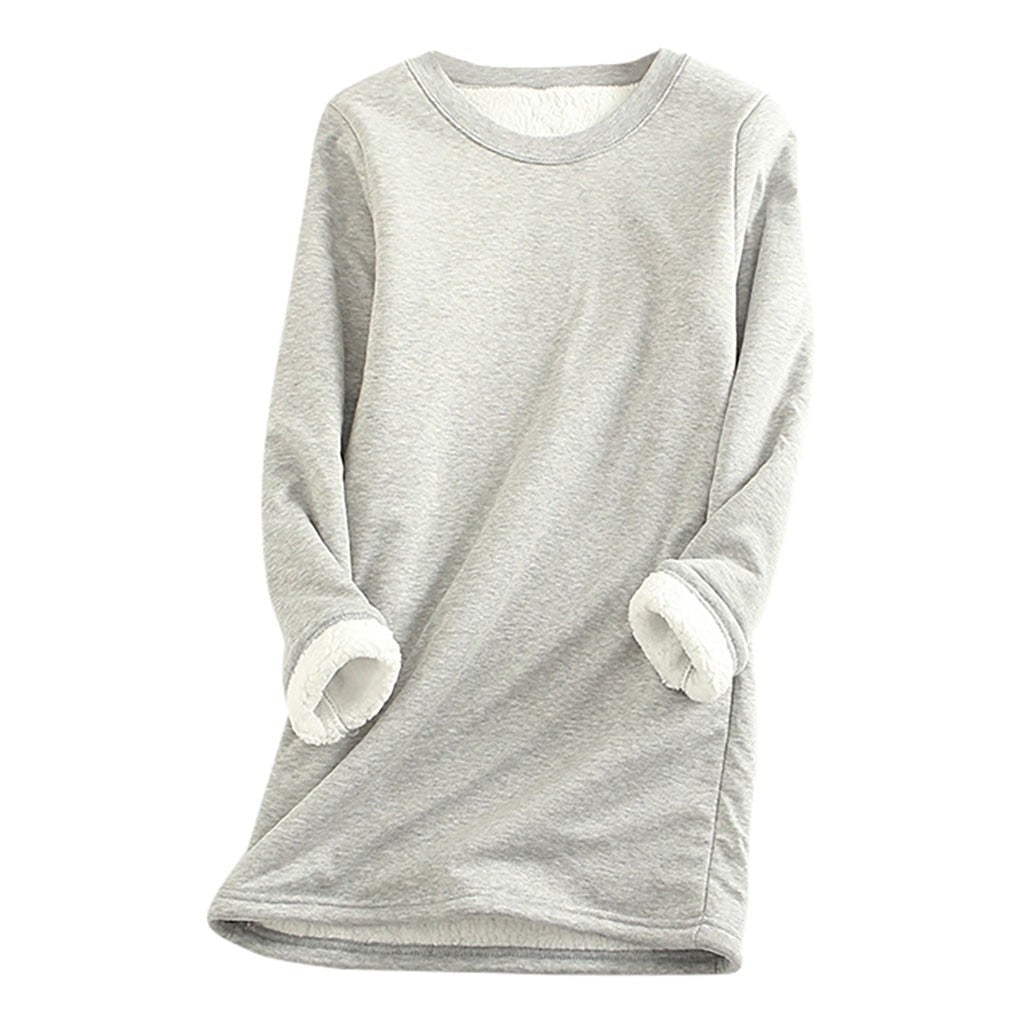 Freizeitmode Damen: warmer Fleece-Pullover mit Sherpa-Futter und Rundhalsausschnitt