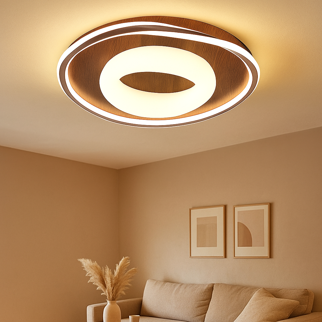 LED-taklampe i Mid-Century-stil med trelook