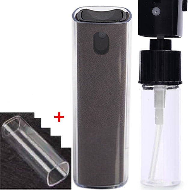 Allsidig 2-i-1 gadget for skjermrengjøring; spray og mikrofiberklut i ett. For ren skjerm overalt.