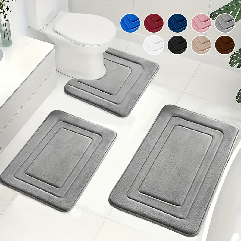 Komfortabel 3-delt memory foam baderomsmatte i grå. Absorberende dusj- og toalettmatte.