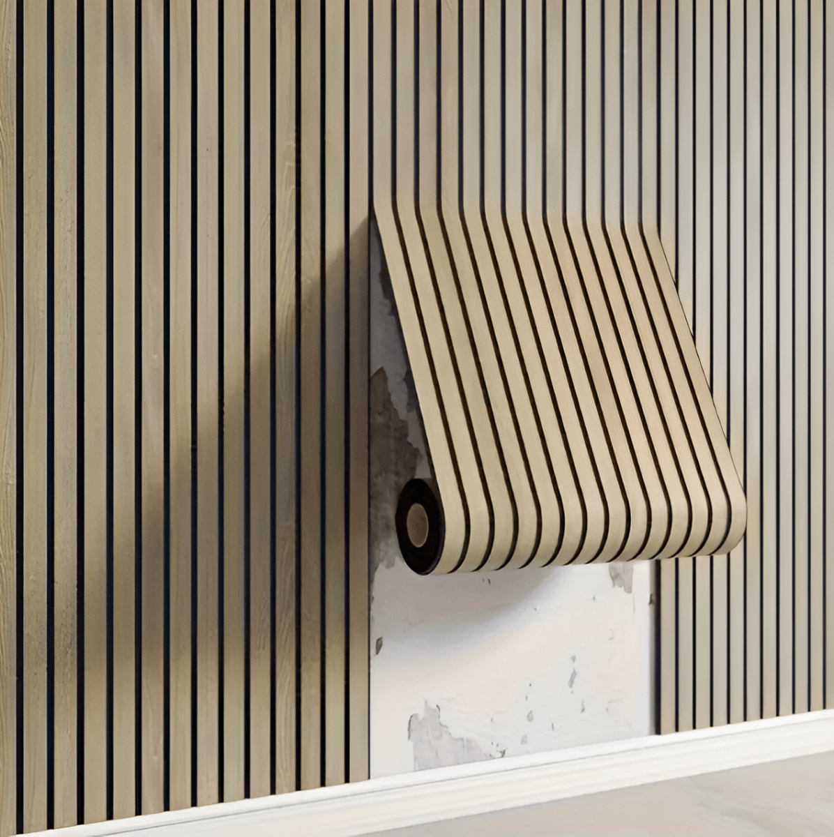 "3D Akupanel, selbstklebende Holzpaneele in Beige und Hellbraun, elegantes Wanddesign für luxuriöses Wohnambiente."