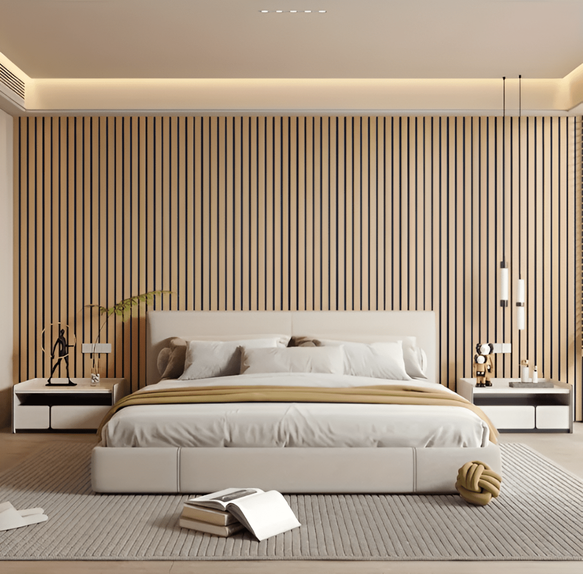 "3D Akupanel, selbstklebende Holzpaneele in Beige und Hellbraun, elegantes Wanddesign für luxuriöses Wohnambiente."