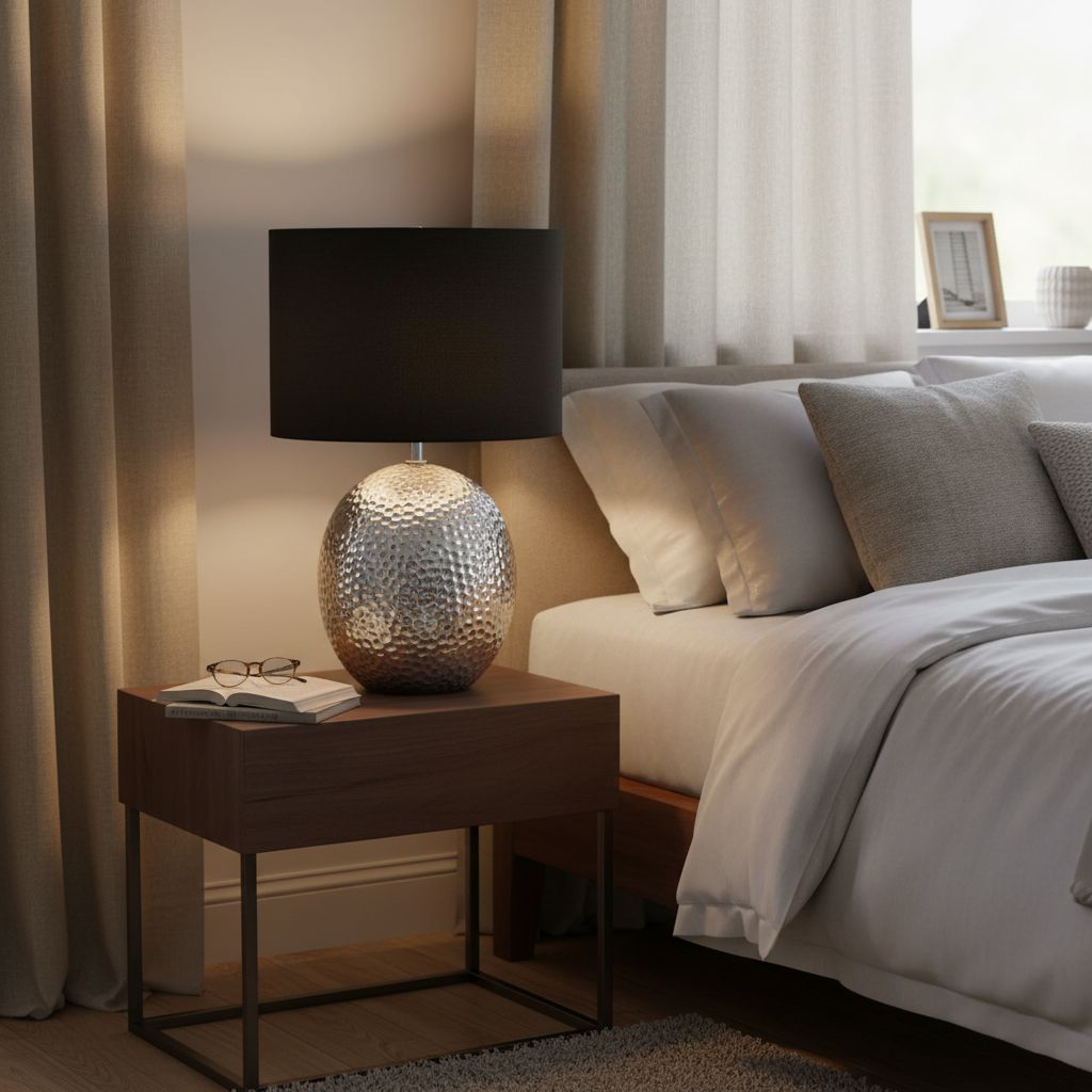 Elegant bordlampe med hammerslått metallfot og svart stoffskjerm