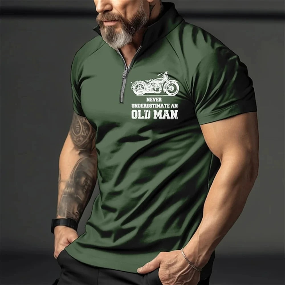Unik 3D-print motorsykkel polo for herre, vintage inspirert streetwear, oversized passform.