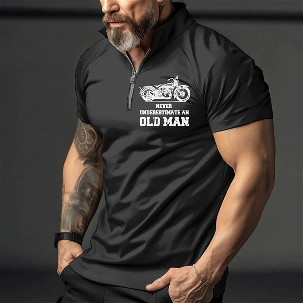 Vintage motorsykkel stil polo med 3D-print, myk og komfortabel herrepiké for fritid.