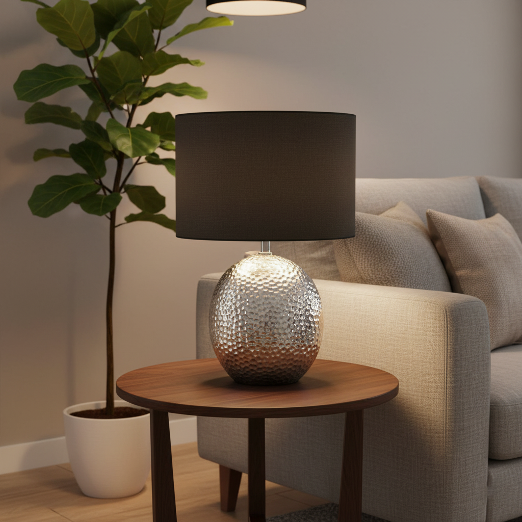 Elegant Bordlampe med Hammerslått Base og Svart Skjerm