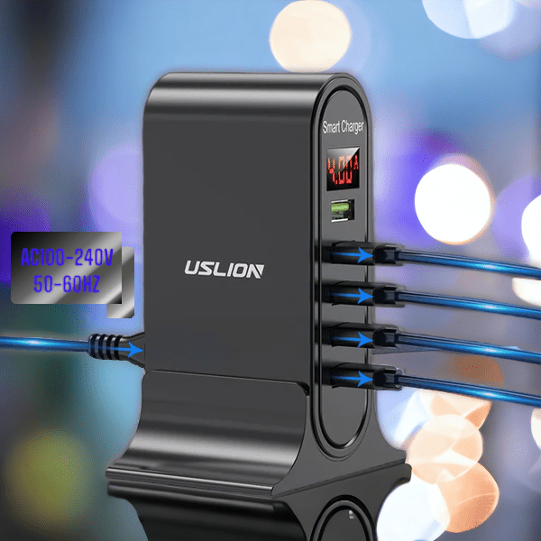 Effektiv 5-port USB-ladestasjon. Universal hurtiglader for rask og sikker lading av fem smartenheter samtidig.