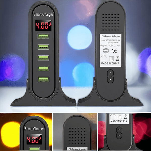Universal 5-port ladestasjon. Kraftig flerportlader for alle dine smartenheter; perfekt for kontor og hjemmebruk.