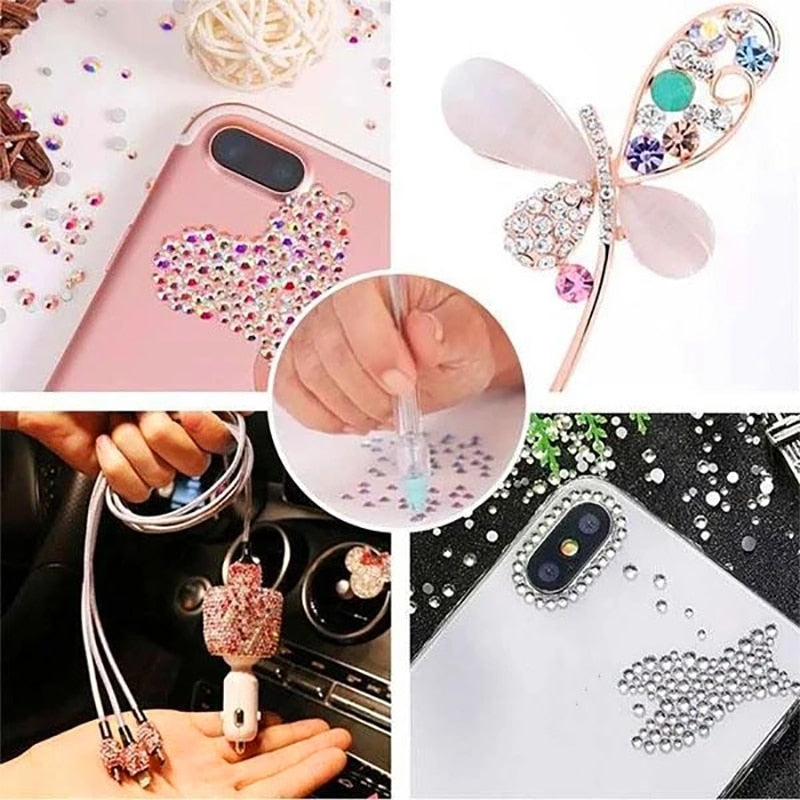 Bilde av 5D diamantmalingspenn i bruk, påfører glitrende krystaller til DIY-kunstverk. Kunstrekvisita.
