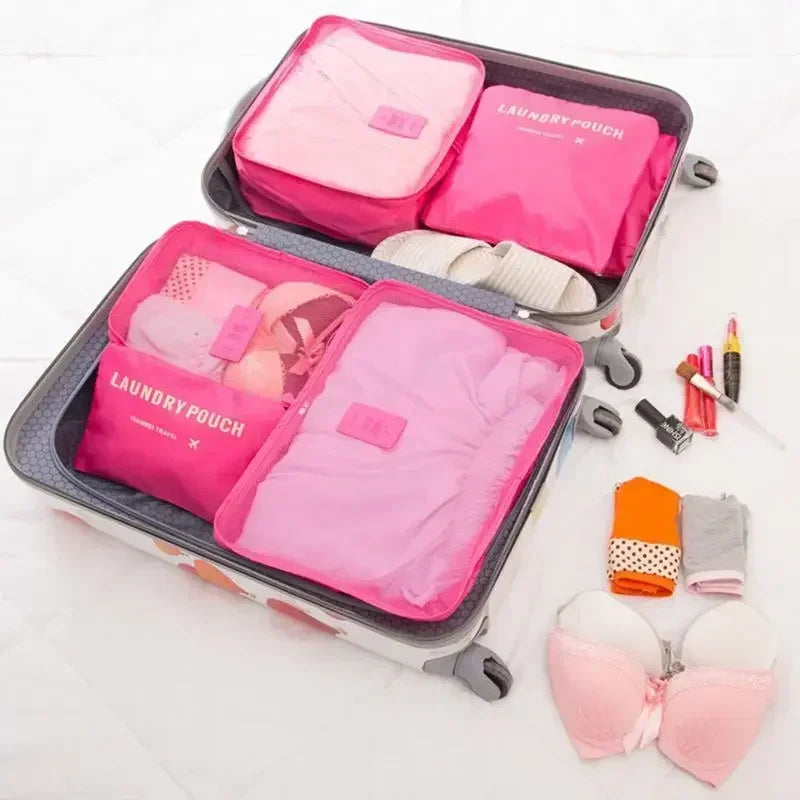 "6-teiliges wasserfestes Kofferorganizer Set, variabel in Größe, aus robustem Oxford-Stoff, ideal für Reisen."