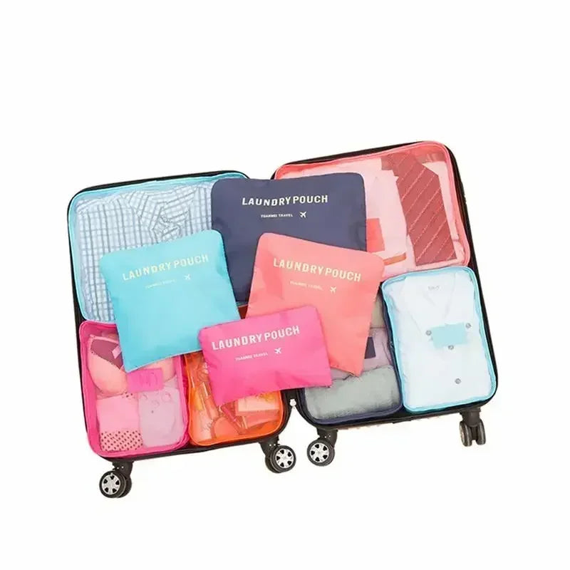 "6-teiliges wasserfestes Kofferorganizer Set, variabel in Größe, aus robustem Oxford-Stoff, ideal für Reisen."