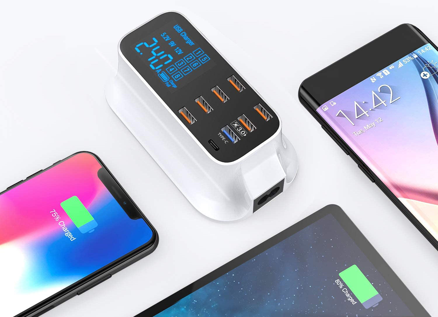 Multi-port USB-ladestasjon med klar LCD-skjerm, muliggjør effektiv lading av opptil 8 enheter