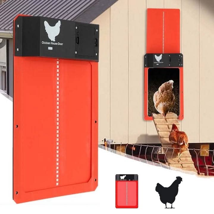 "Automatische Hühnerstalltür mit Lichtsensor, wetterfest in Braun, Rot, Grün, für einfache Installation und Energieeffizienz.