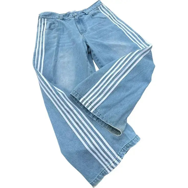 "Baggy Jeans mit hohem Bund, Y2K Stil, Seitenstreifen, Retro Streetwear, Damenhose, sportlich lässig, ikonischer Look"