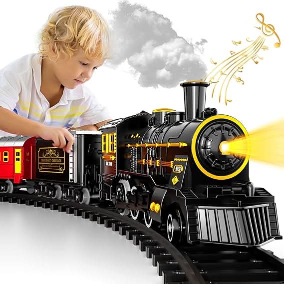 "Bezaubernder elektrischer Weihnachtszug auf flexiblen Schienen, bunte Wagen, festliche Details, ideal für Kinder."