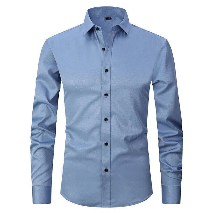 "Bügelfreies Stretch-Hemd Slim Fit in Blau, atmungsaktiv und knitterfrei für eleganten Komfort des modernen Mannes"