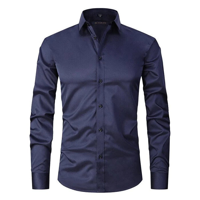 "Bügelfreies Stretch-Hemd Slim Fit in Blau, atmungsaktiv und knitterfrei für eleganten Komfort des modernen Mannes"