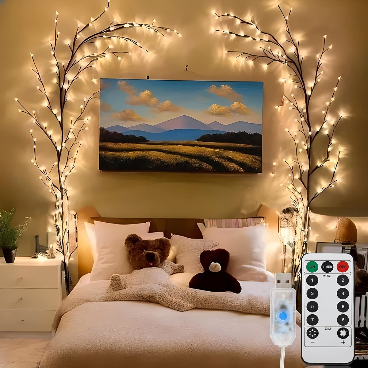 "Biegsame Weidenranken-Lichter im weißen Birkenbaum-Design mit warmweißen LEDs und vielseitiger Einsatzmöglichkeit."