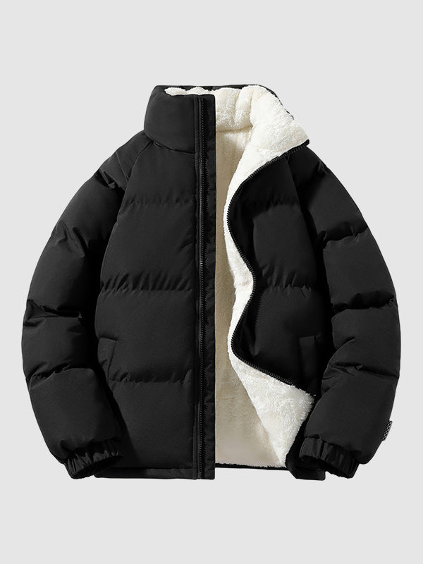 Braune Damen Pufferjacke mit gestepptem Design und Fleecefutter, winterwarm, Vorderansicht auf hellem Hintergrund.