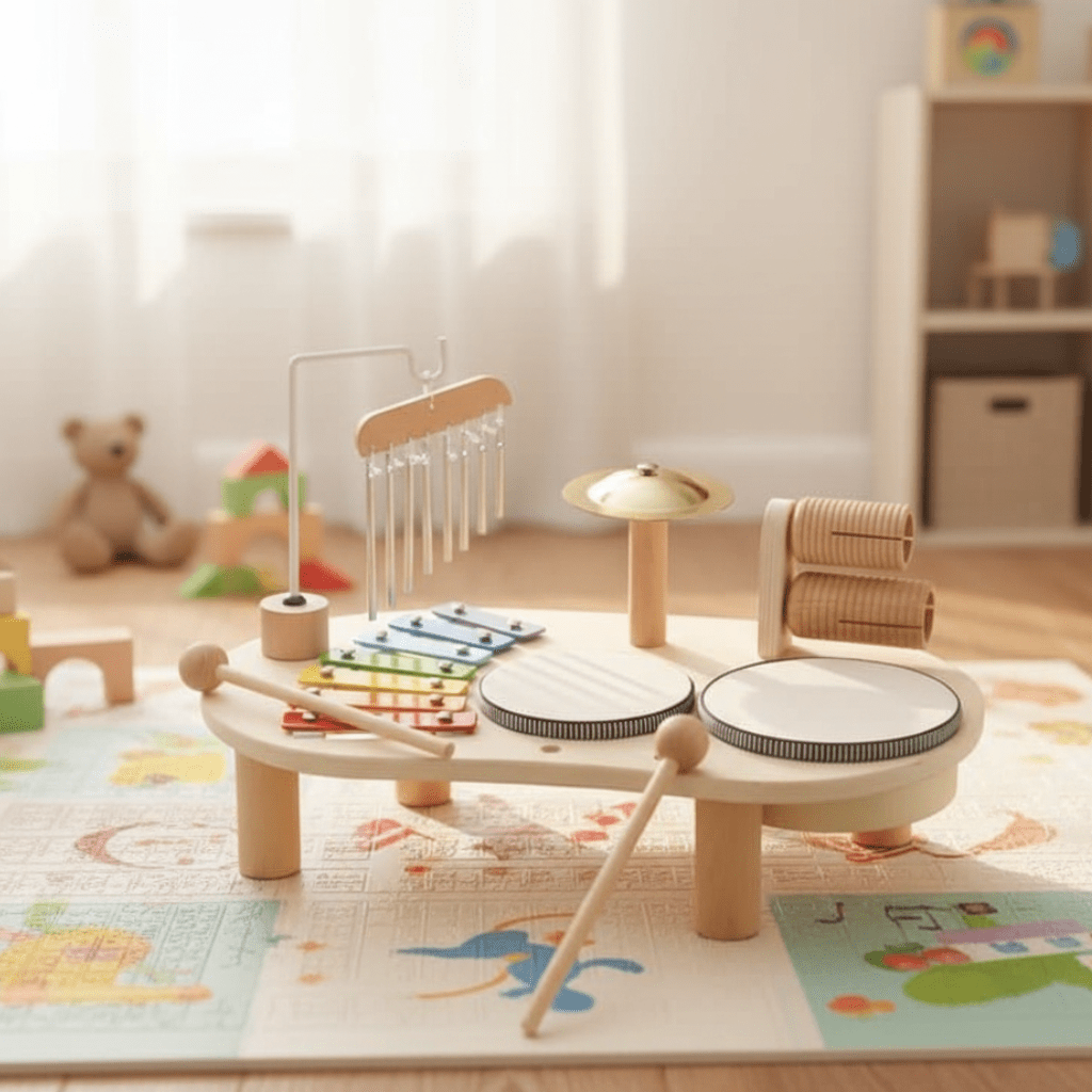 Gif av en baby som spiller på Melodiny musikalske leker, inkludert et xylofon og andre treinstrumenter.
