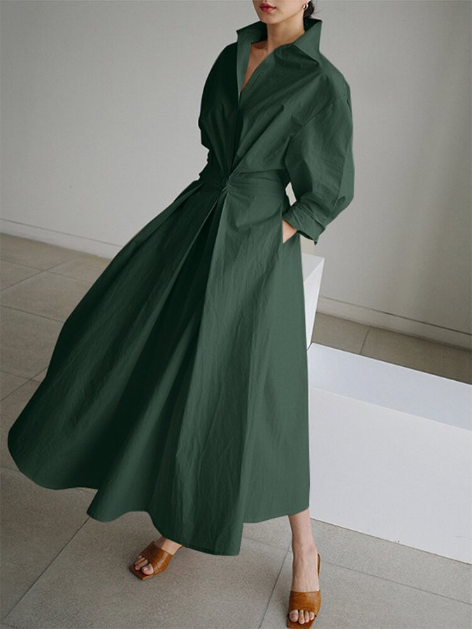"Damen Abendkleid in Armee Grün mit Stehkragen und Midi Schnitt zeigt elegante, schmeichelnde Silhouette für formelle Anlässe