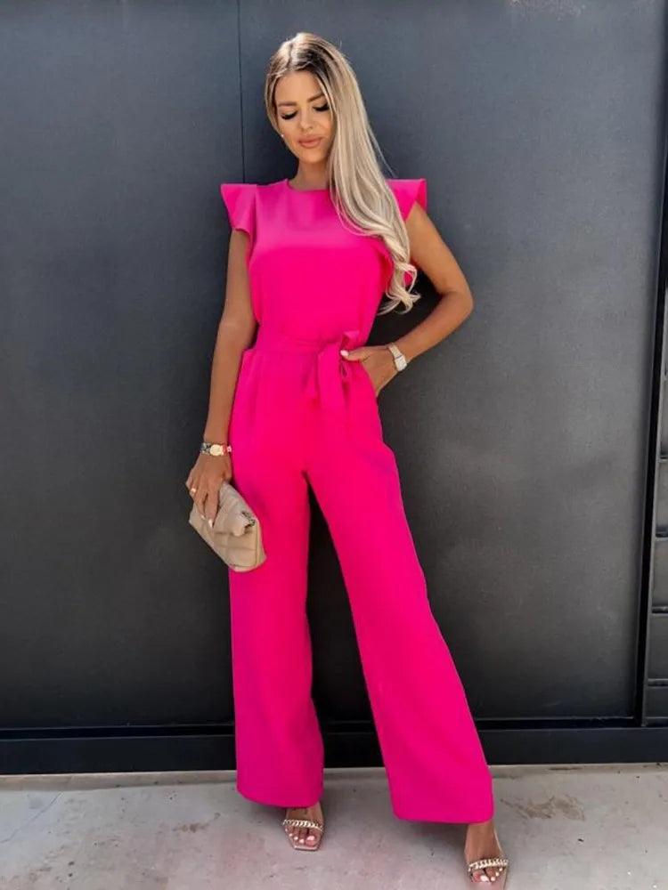 "Damen Jumpsuit mit eleganten Rüschenärmeln und weiten Beinen in Schwarz, ideal für festliche Anlässe und lässige Ausflüge."