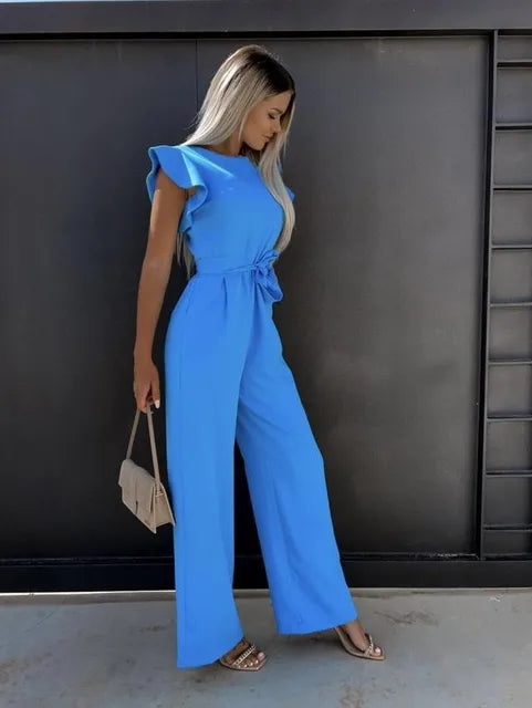"Damen Jumpsuit mit eleganten Rüschenärmeln und weiten Beinen in Schwarz, ideal für festliche Anlässe und lässige Ausflüge."