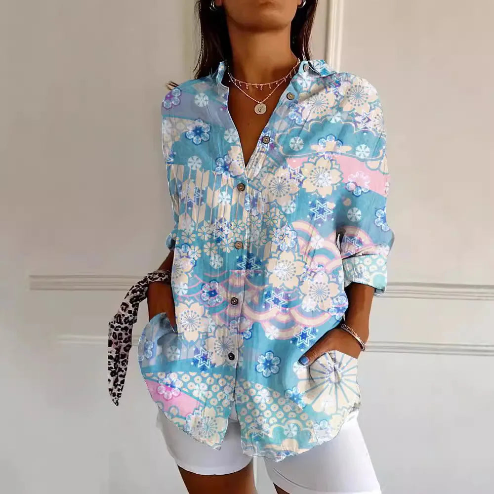 "Damen Langarm Hemd mit Blumenmuster, Button Down, floral, elegant, ideales Sommeroutfit für Büro und Freizeit."