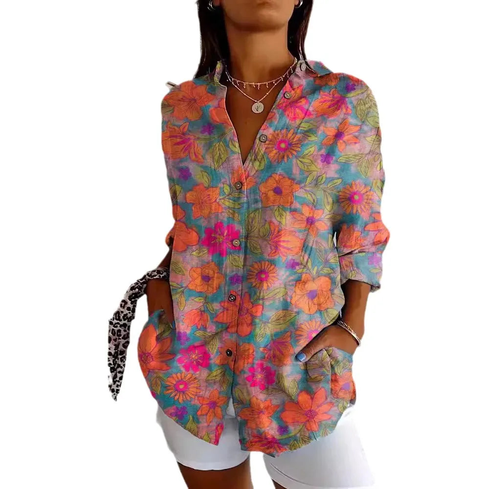 "Damen Langarm Hemd mit Blumenmuster, Button Down, floral, elegant, ideales Sommeroutfit für Büro und Freizeit."