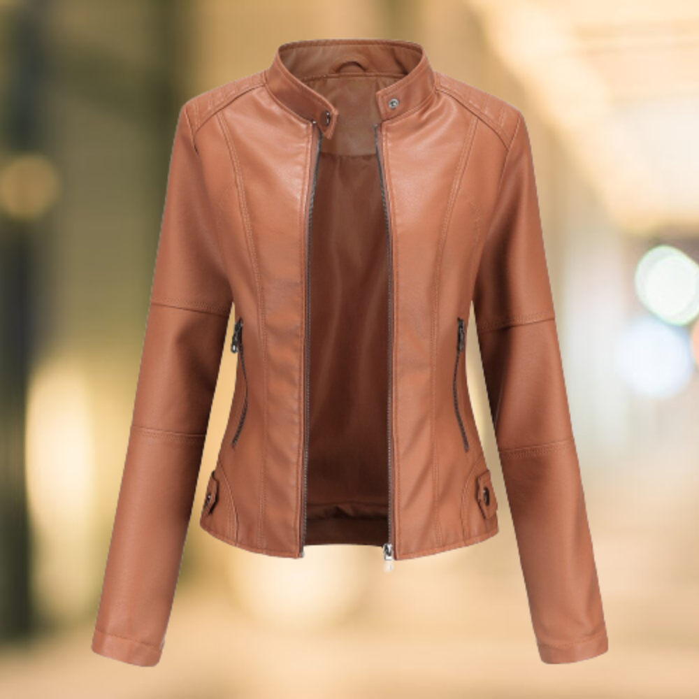 "Damen Lederjacke aus PU-Leder, modernem Stehkragen, vielseitig für Frühjahr & Herbst, in eleganter Aprikose und mehr Farben.